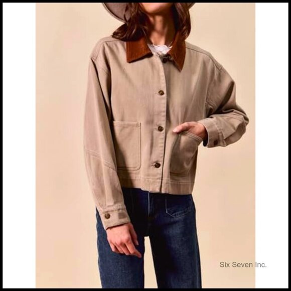 Cropped Barn Jacket Corduroy Collar Button Down Vintage Work Outerwear Pockets - Picture 6 of 7